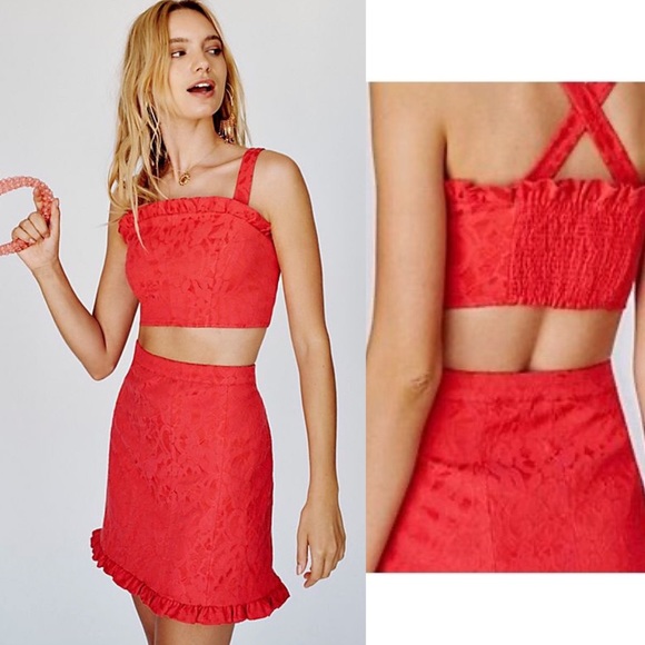 Free People Dresses & Skirts - Free People Fiona Red Jacquard Crop Top Skirt Set